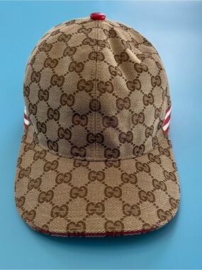 Gucci Brown Monogram Canvas Cap with Red Leather Strap